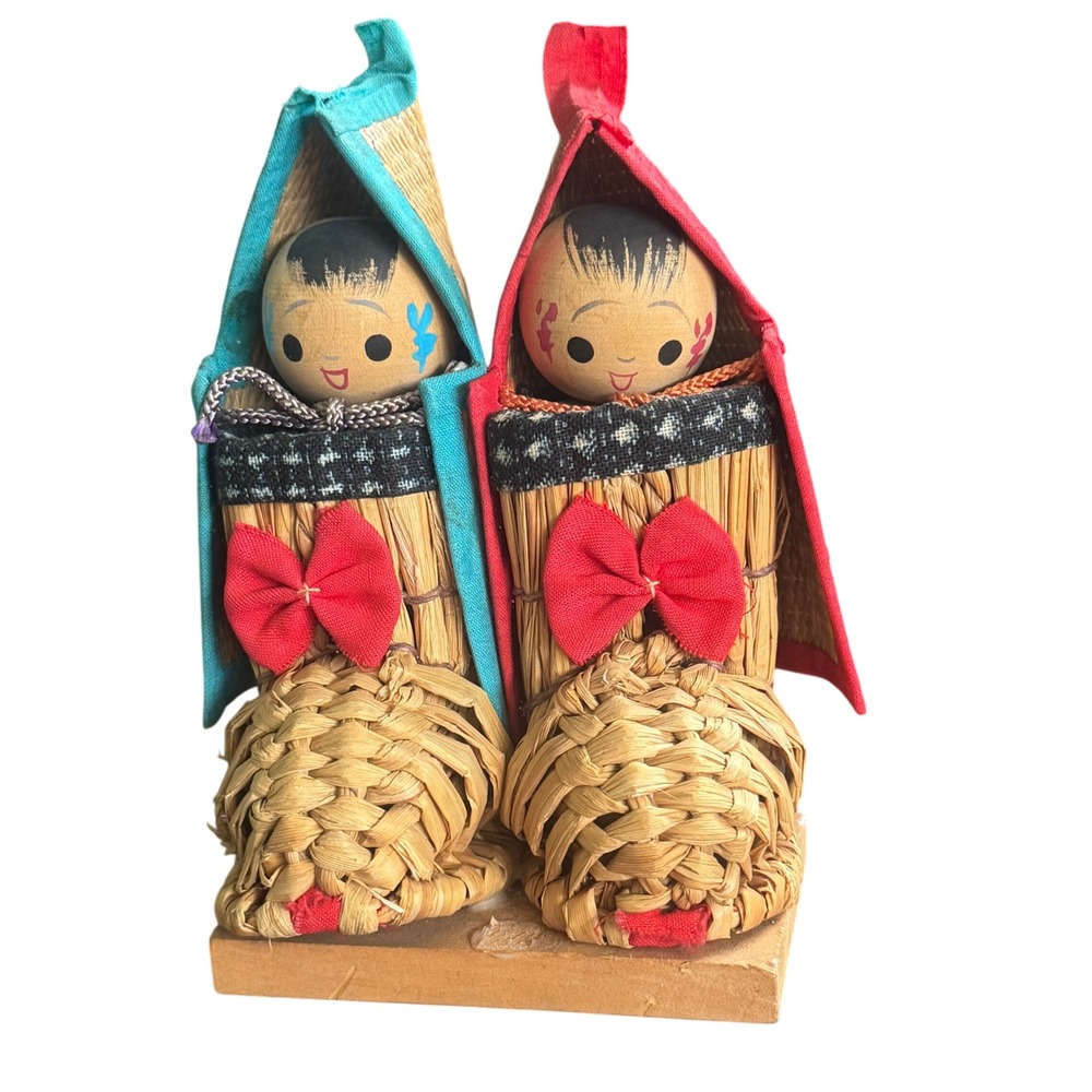Vintage Japanese Kokeshi Dolls Hand Painted Wood Woven Straw Figures in Boots